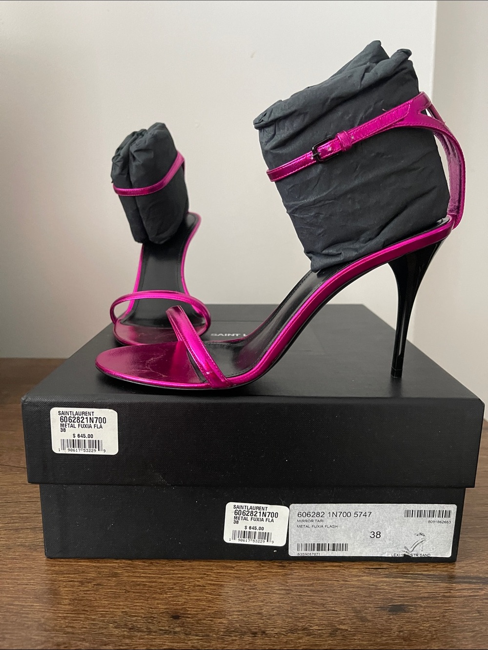 Saint Laurent Metallic Fuchsia Open-Toe Stiletto Sandals